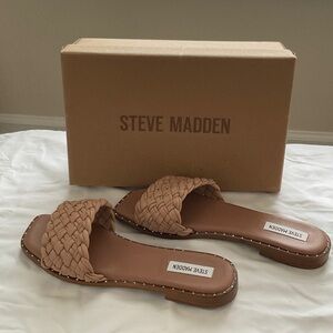 Steve Madden Brown Woven Slide Sandals with studded design.